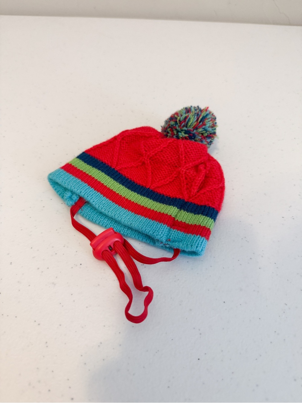 Cat or Small Dog Pom-Pom Knit Beanie Hat in Red and Aqua Stripes